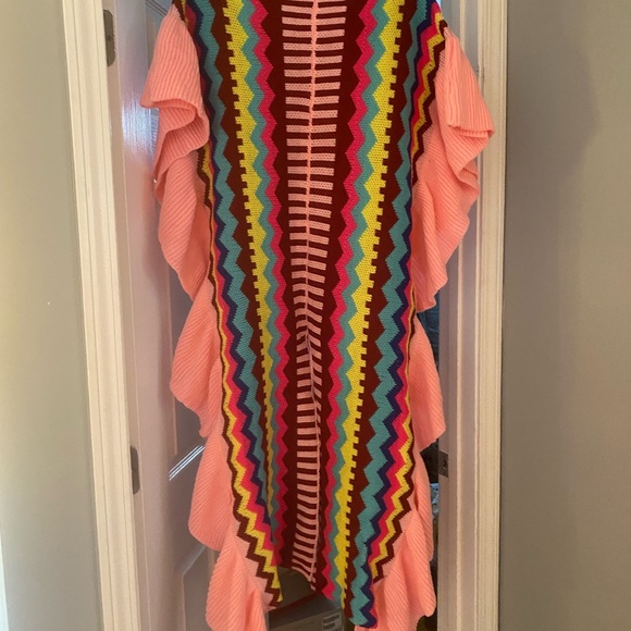 Athina, M(8/12) Poncho Sweater w/Ruffled Boarder, multicolor,mid calf length,NWT - Picture 6 of 6